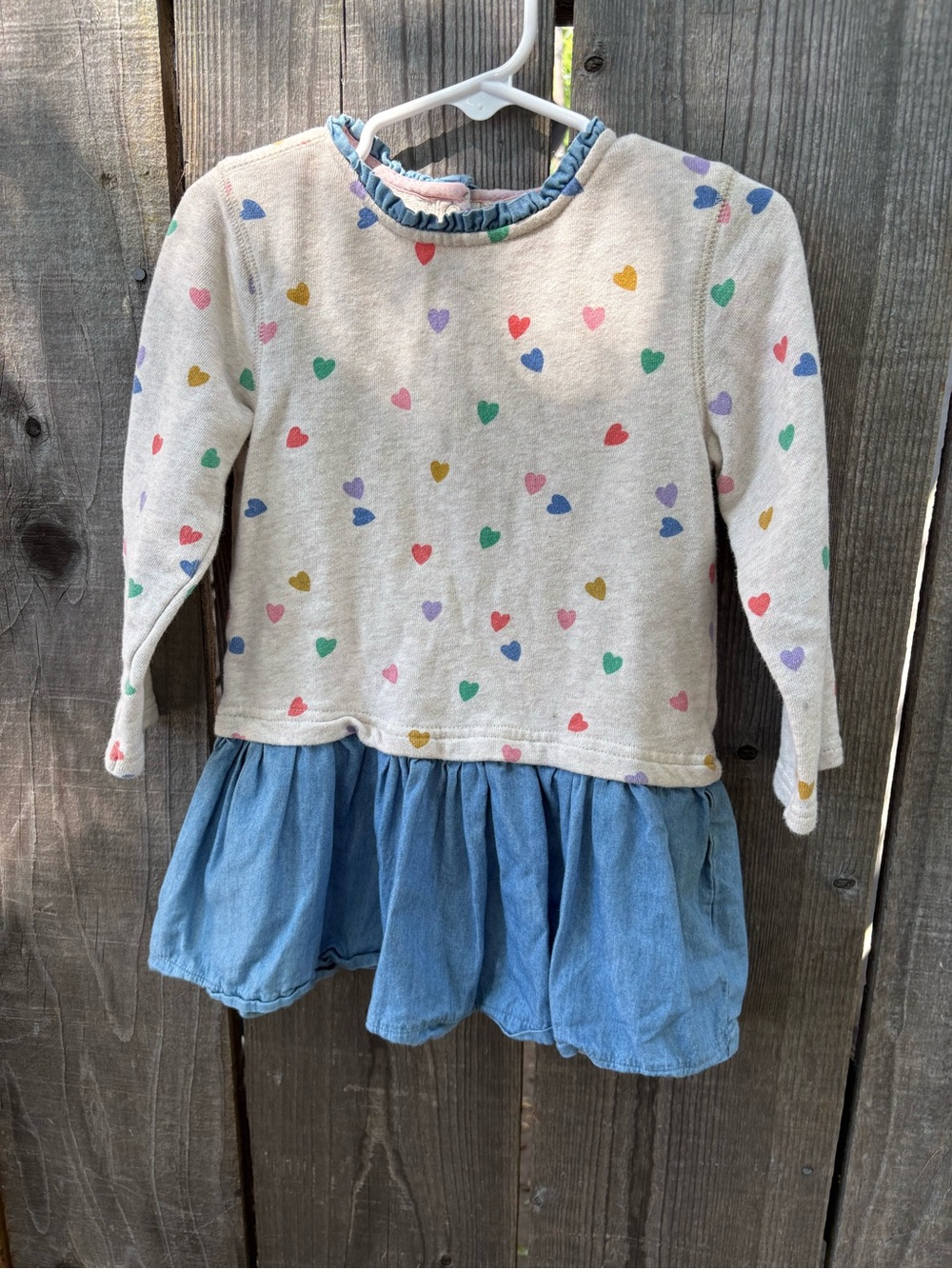 Baby Boden Cream Heart Print Long-Sleeve Dress with Blue Skirt